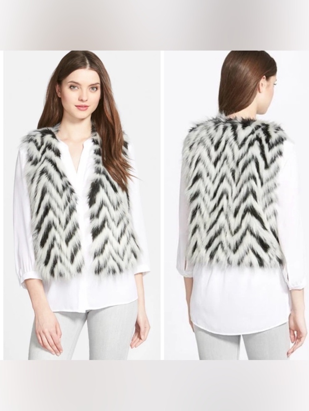 MICHAEL MICHAEL KORS Black White Chevron Clasp Faux Fur Cropped Soft Vest Medium